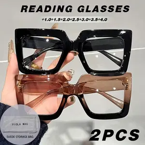 2pcs New men's and women's fashionable retro square frame, trendy high-definition reading glasses, High Quality Eyewear, elegant, artistic and simple PC material,+1.0 to+4.0 degrees, lightweight and durable, suitable for daily use, office compute