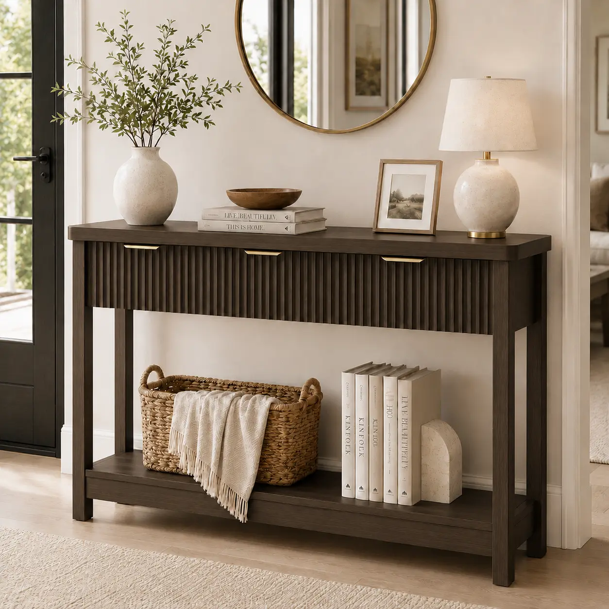 Aowos 51"Fluted Console Table with Storage, Entryway Table Sofa Table with 3 Drawers and Open Shelf, Modern Narrow Display Shelf for Hallway Living Room