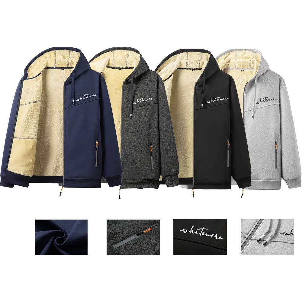 Men's Long Sleeve Warm Fleece Sweatshirt Cardigan - Lambswool Lining, Clean Embroidered Logo, Full Zip Front, Minimalist Solid Style, Casual Tops Clothes for Autumn Winter Commuting, Walking