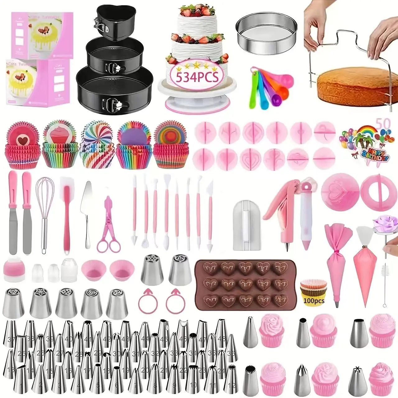 Professional 534-piece DIY cake decoration tool set, including a cake piping turntable, multiple piping tips, a flexible base cake mold, and paper cupcake cups/trays—baking tools suitable for making desserts at birthday parties.