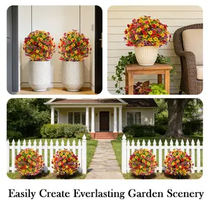 Artificial Flower Topiary Ball Tree Fake Bushes Shrubs Outdoor Faux Plant with Ground Spike Flowers UV Resistance Greenery for Front Porch Garden Patio Indoor