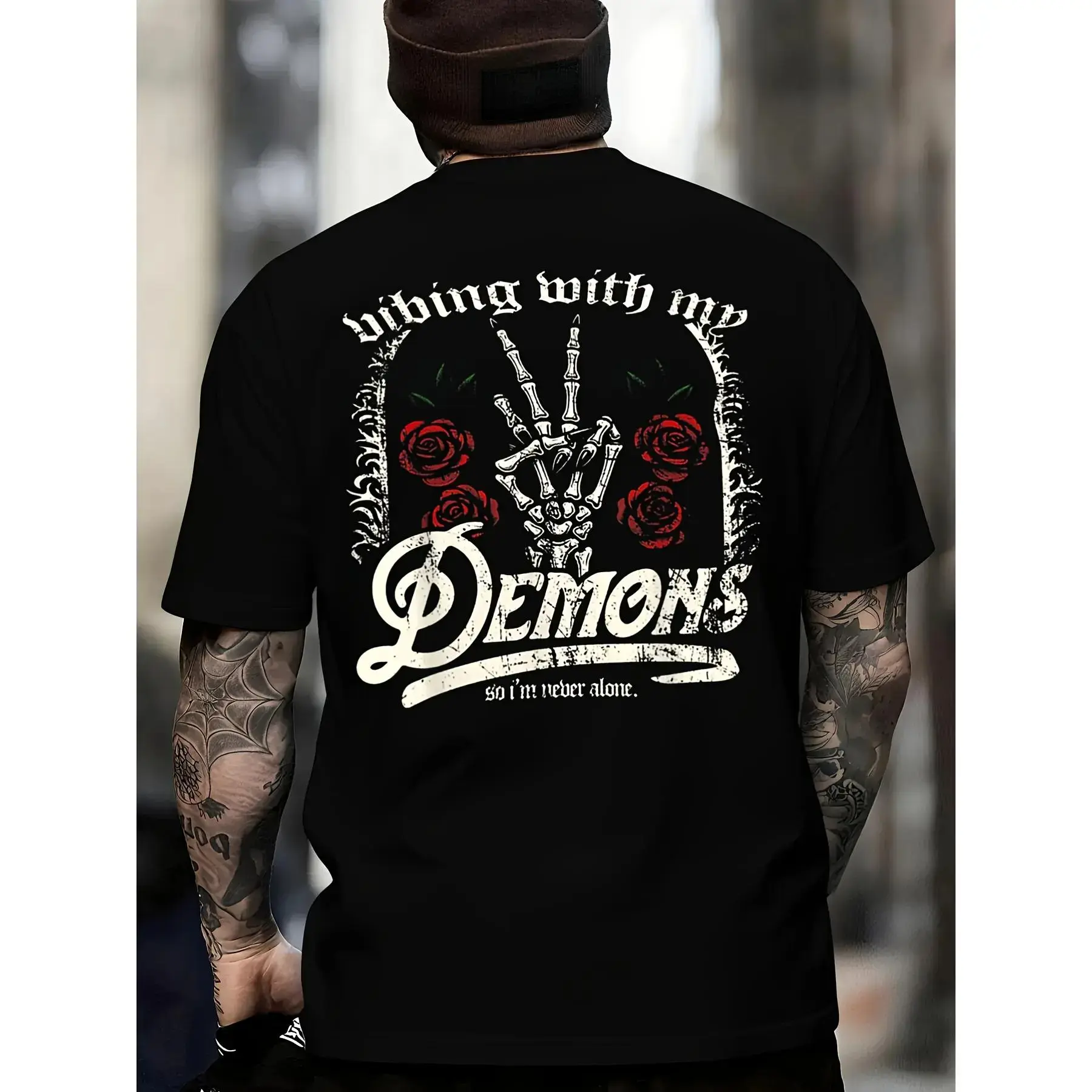Men'S Gothic Style Graphic Tee, Black with Skull Hand, Rose, and 'Friendly Demon Advice' Quote - Heavyweight, Rock-Inspired, Medium Stretch, Crew Neck, Regular Fit, All-season Casual Wear