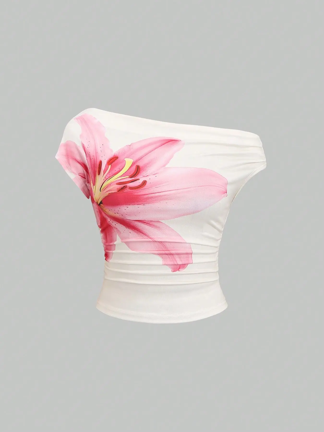 French Style Aesthetic Lily Print Asymmetrical Shoulder Fitted Top, Floral Pattern, Casual T-Shirt, Waist Cinched, Pleated Design