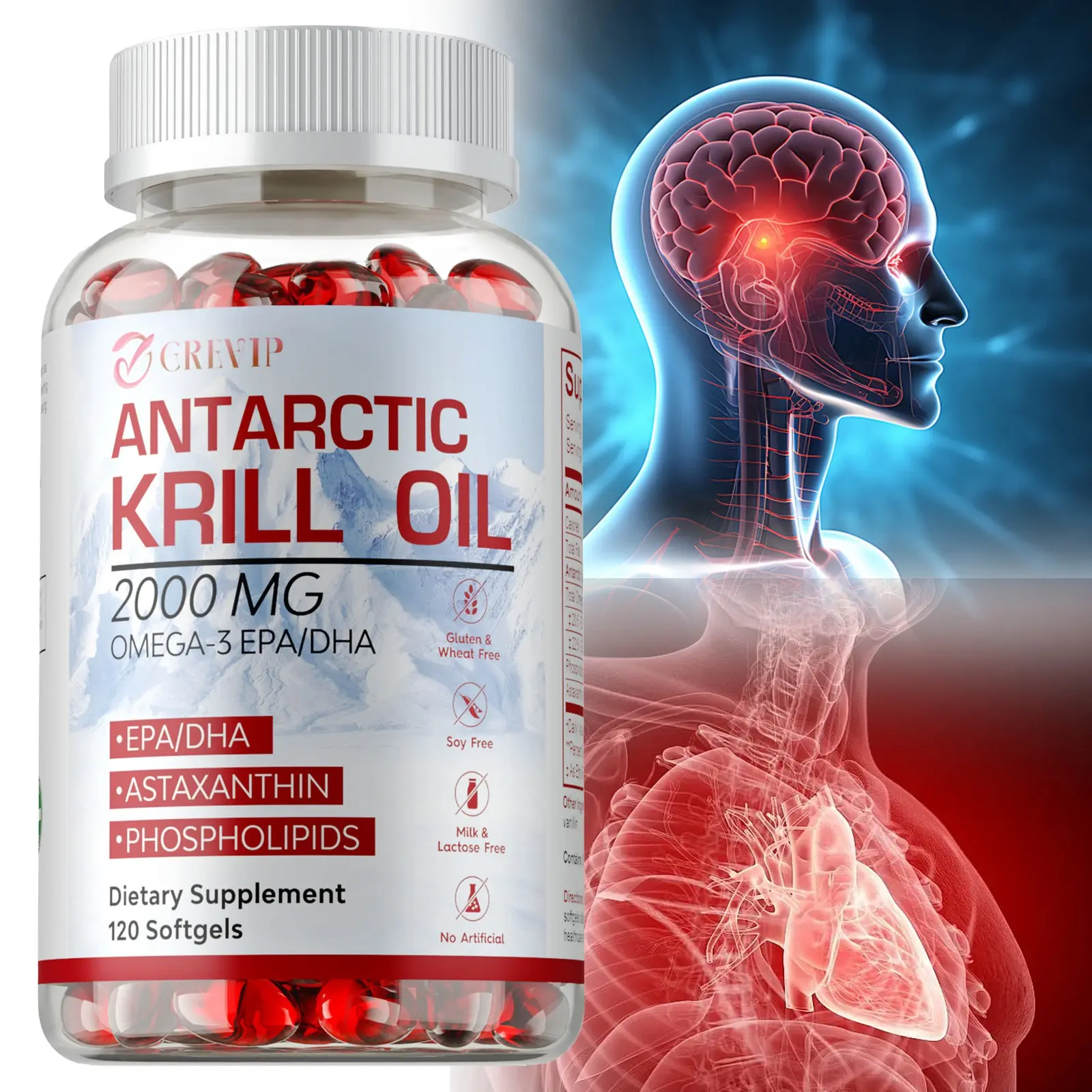 Antarctic Krill Oil 2000mg - Omega 3 EPA, DHA,Astaxanthin- Joints & Heart Health