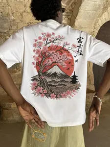 [Japanese Aesthetic][Sakura Vibe] Mount Fuji Cherry Blossom T-Shirt, Ukiyo-e Style Graphic Tee, "Fuji Sakura" Kanji Top, Artistic White Shirt Menswear Casual Man