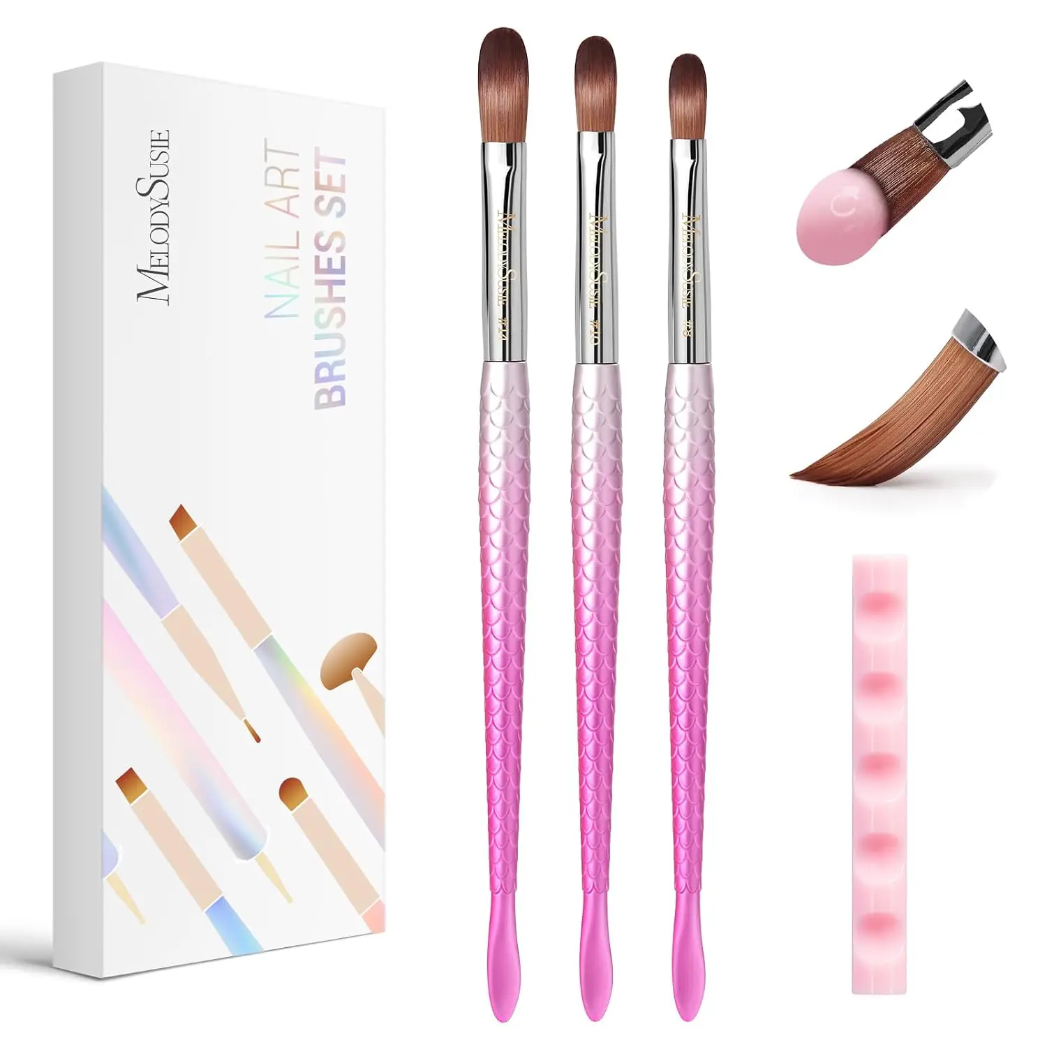 MelodySusie 3Pcs Acrylic Nail Brush Set, Pink-Silver | Size 8/10/14 with Brush Holder, Nail Art Brushes for Acrylic Application Powder Nail Extension and 3D Carving