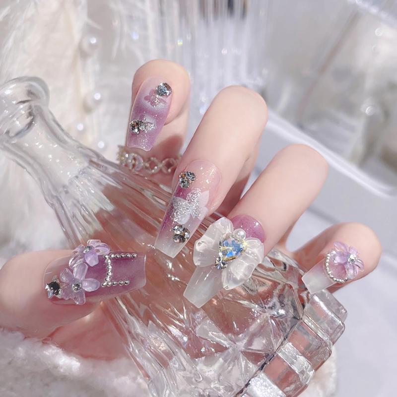 Purple Flower Bow Press-On Nails | 3D Blossom Handmade Gel Tips | Butterfly Charms Tips for Cosplay Con, Virtual Streamer Sessions & Cyberpunk Glam