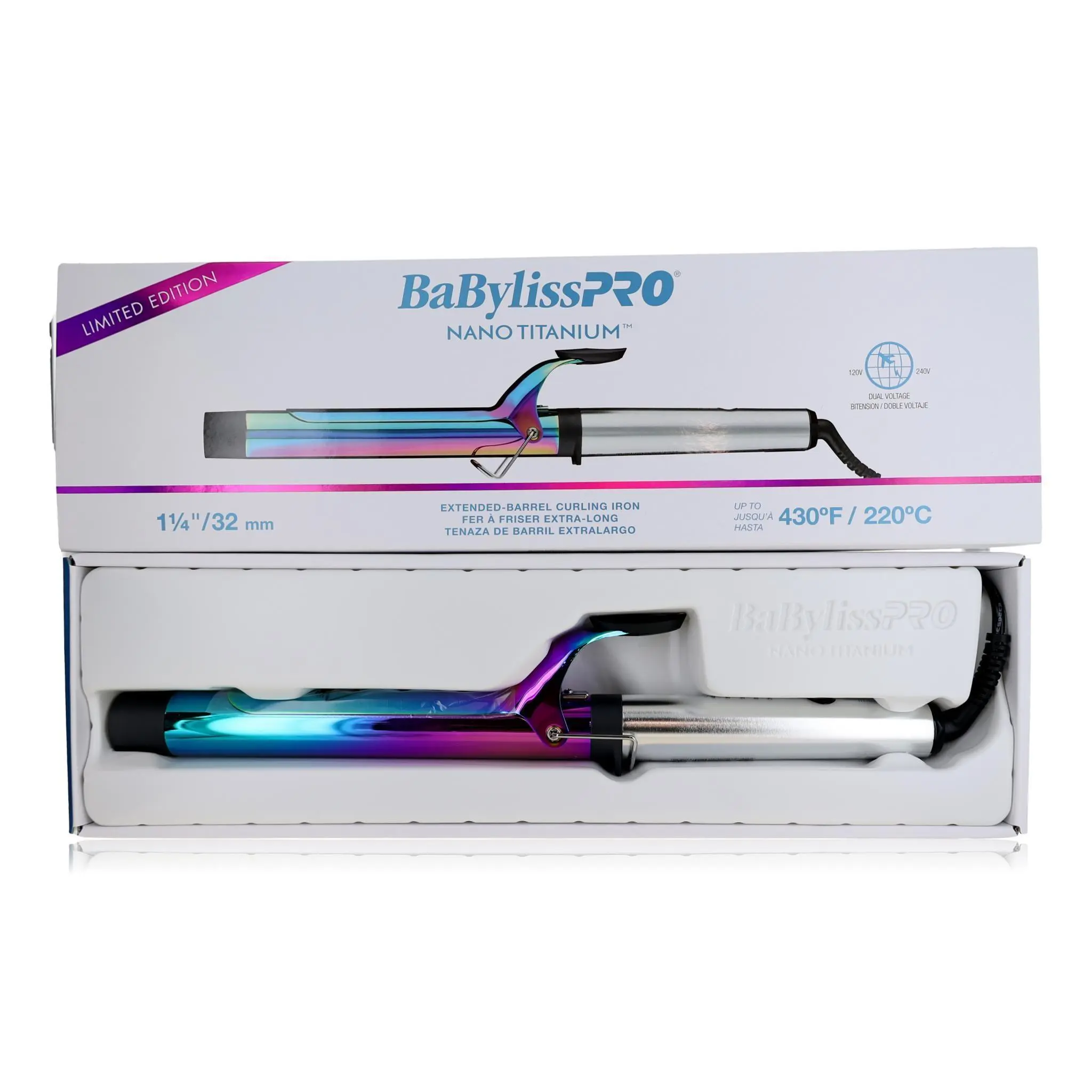 BaBylissPRO Nano Titanium Extended Barrel Curling Iron - 1 1/4" / 32 mm Iridescent Limited Edition Hair Styling Tool with 430°F / 220°C Heat Setting, Plug Powered