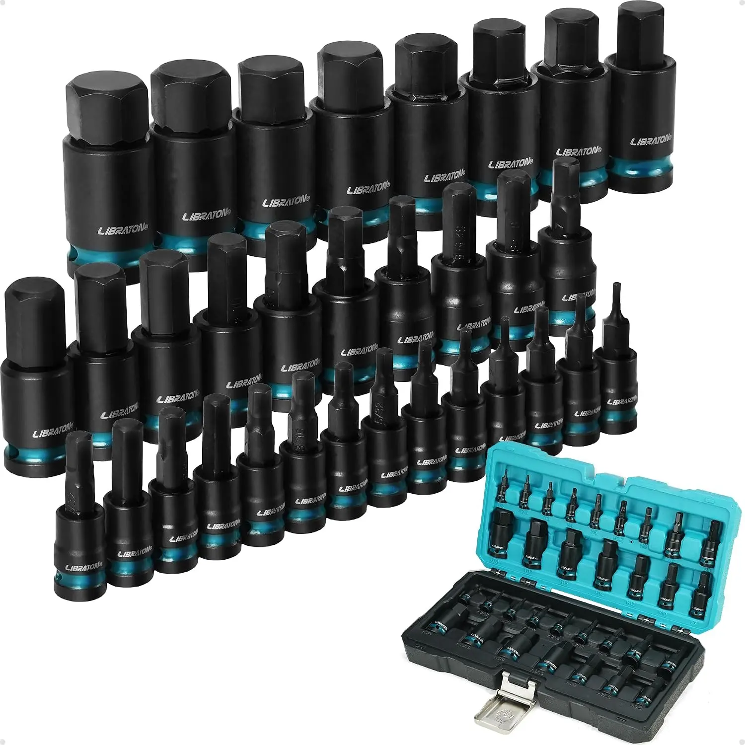 LIBRATON 32PCS Impact Hex Bit Socket Set, Metric & SAE Allen Wrench Socket Set, 1/4", 3/8" & 1/2" Drive, H2-H19 & 5/64"-3/4", S2 Steel Impact Allen Socket Set with Storage Case, Mechanic Tool Set