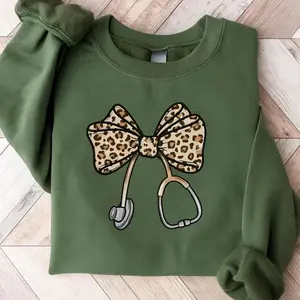 Cute Nurse Sweatshirt – Leopard Bow Stethoscope Graphic, Medical Worker Gift Pullover