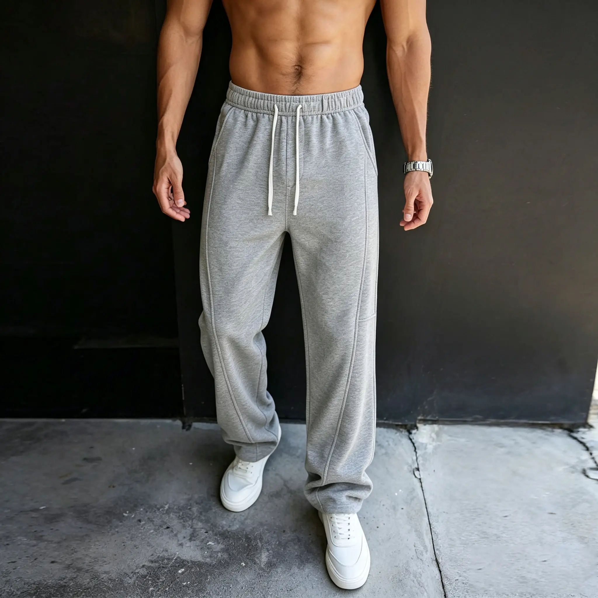 Men’s comfortable heather gray wide-leg sweatpants—soft, breathable knit with drawstring; loose pants suitable for workouts, gym, home, street, and everyday wear; versatile viral pants that go with everything.