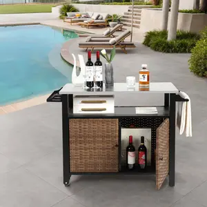 Outdoor Kitchen Wicker Island Rolling Cart & Storage Cabinet, Wheels and Stainless Steel Extended Table Top, Side Handle for Patio Kitchen or Bar Cart, Brown Organiser Racks