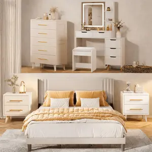 Gizoon Modern Beige/White Bedroom Furniture Set - Queen Bed Frame, 2-Piece Nightstand Sets, 5-Drawer Dresser, Vanity Desk - Furniture for Apartment with Ample Storage