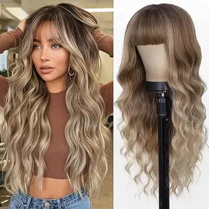 Ombre Blonde Wig with Bangs for Women Long Ombre Blonde Wavy Wigs 26 Inch Blonde Wigs Natural Looking Heat Resistant Synthetic Wig for Daily Party Use