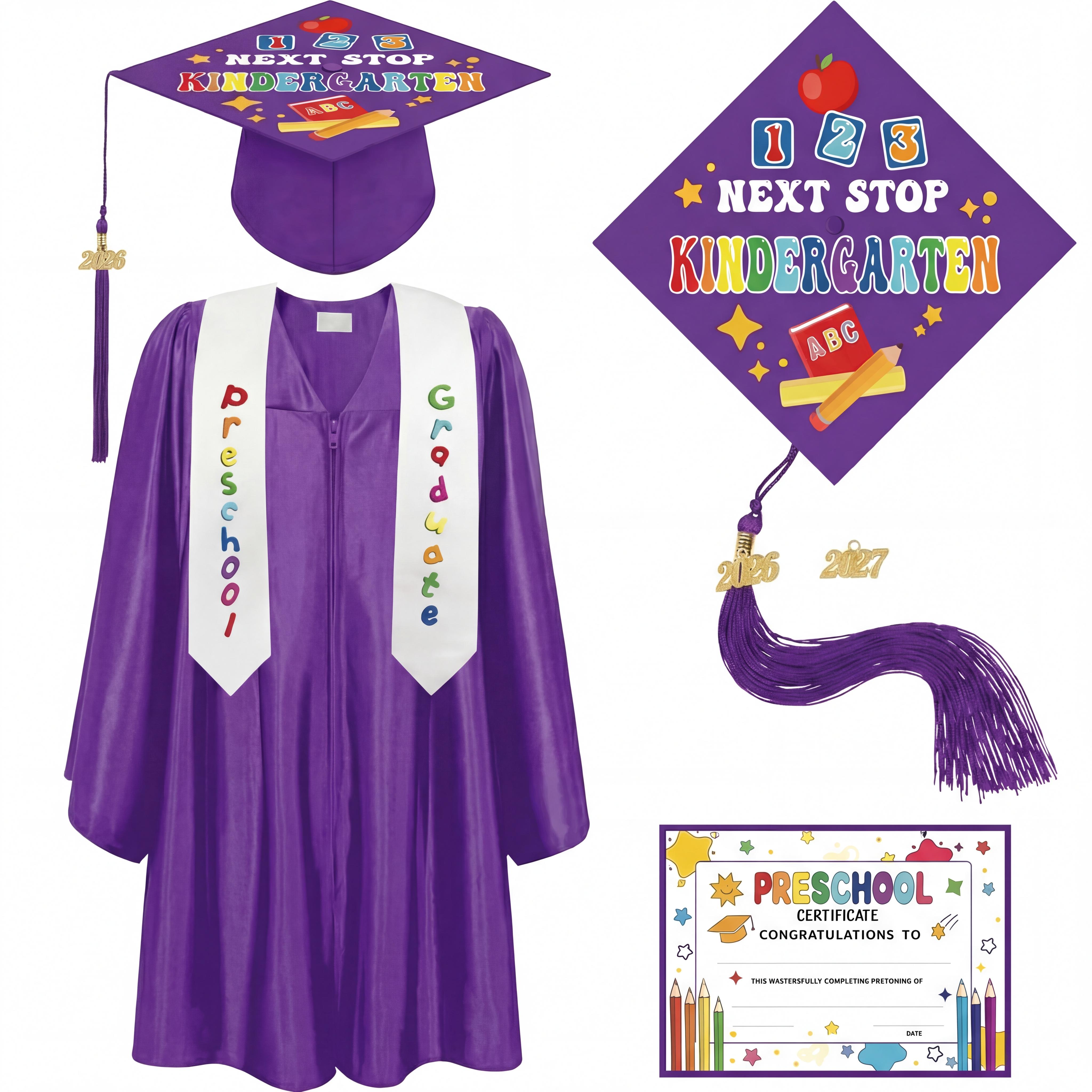 4 pcs Kindergarten Preschool Class Graduation Gown Set Cap Gown Stole with 2026 Tassel and Certificate for Toddler Kids Classmates or Friends Student Graduation School Supplies