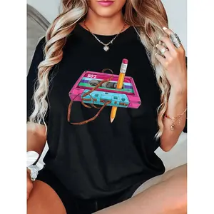 Festival-Themed Music Festival Retro Cassette - a Clash of 80S Music And Fashion, Featuring a Patterned Print Women'S Round Neck Short Sleeve T-Shirt for Spring And Summer.