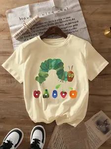 Women's Caterpillar & Letter Print Round Neck Tee, Casual Short Sleeve Crew Neck T-Shirt for Summer, Fashion Women's Top for Daily Wear