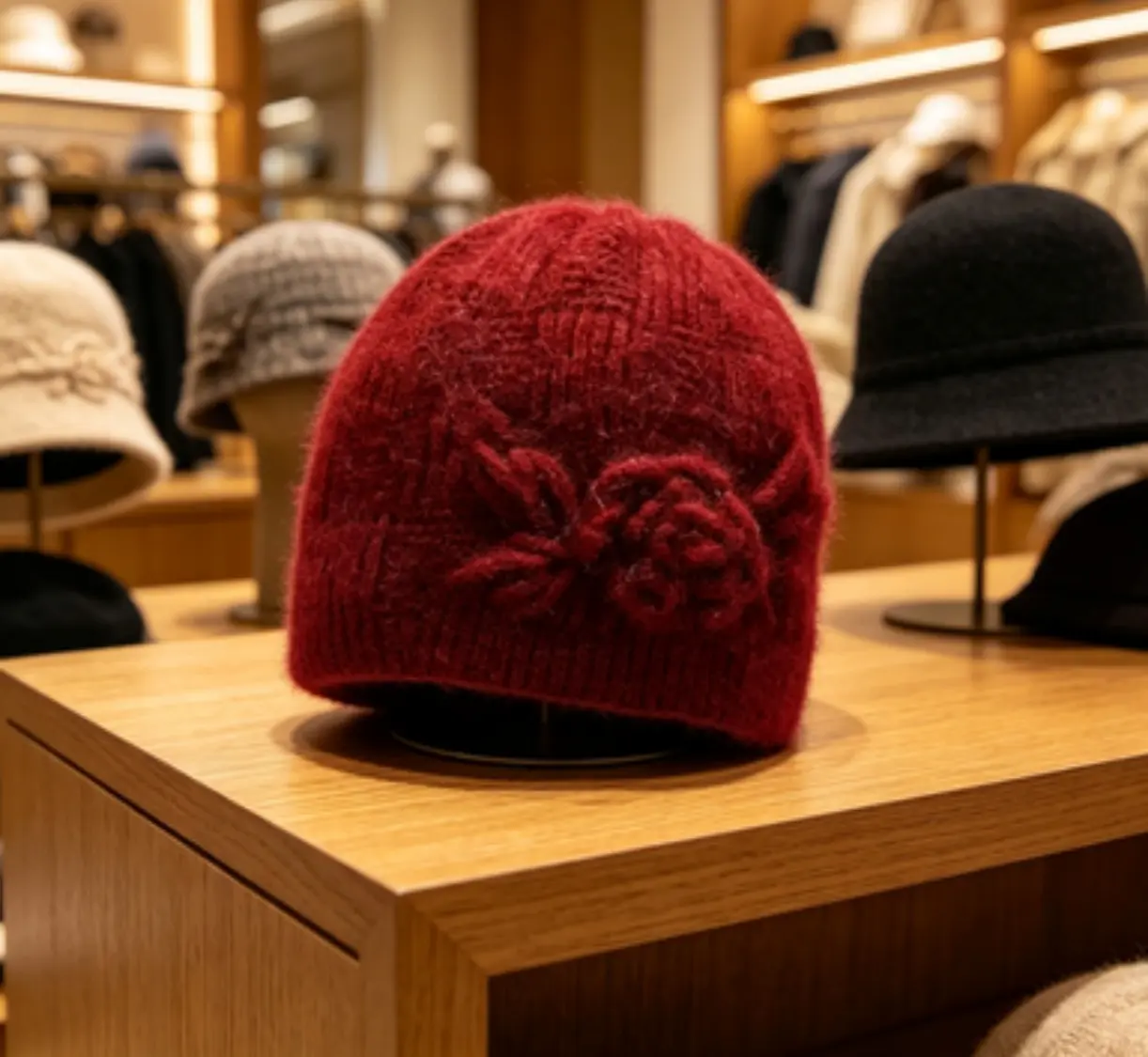 Women's Casual Wool Knit Beanie - Warm, Windproof for Winter Outdoor Sports, Burgundy, Fits Adults 54-56cm, Casual Wear, Knitted Pattern