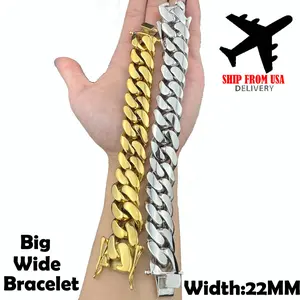 22MM Width Stainless Steel Miami Cuban Link Chain Heavy Wide Big Bracelet For Men 18K Gold Plated