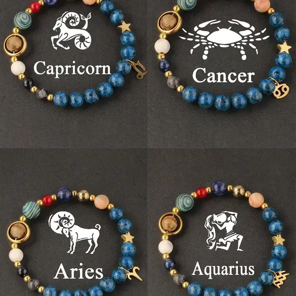 Unisex Astrology Jewelry Zodiac-Themed Bracelets & Bangles with Gemini, Sagittarius, Aquarius Natural Stone Crystal Beads - Elegant Standout Style for Adults, Casual Daily Wear Accessory, Ideal Birthday Gift