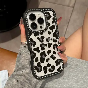 Double-side luxury rhinestone decor phone case for iPhone 17 17air 17pro 17promax 16 15 14 13 12 11 plus pro Max shockproof anti-fall full protective phone casing with black leopard prints