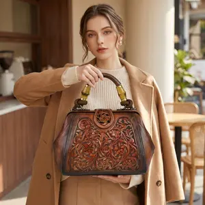Vintage Floral Embossed Satchel for Women, Retro Tooled Leather Handbag with Bamboo Handle, Crossbody Purse