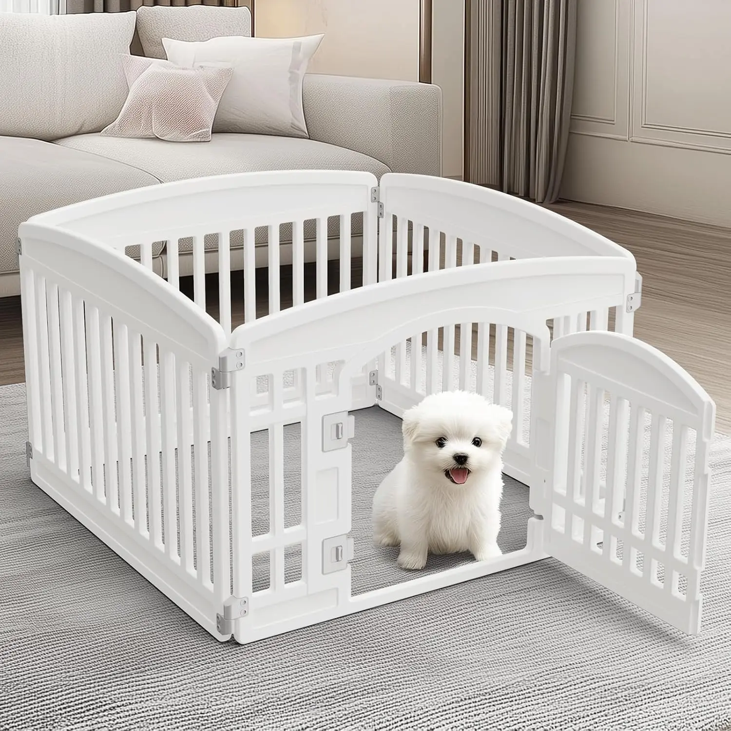 White Foldable Pet Playpen for Indoor & Outdoor Use | 4 Panels with Door | Dense Bite-Resistant Non-Toxic Plastic（Anti-jump top cover sold separately） | Safe Play Area for Small to Medium Dogs & Cats
