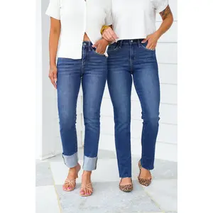 Lovervet High Rise Dark Wash Cuffed Slim Straight Leg Jeans