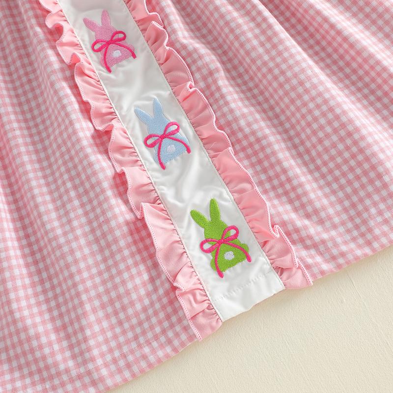 Emmababy Kids Baby Girls Dress Easter Clothes Rabbit Embroidered Plaid Short Sleeve Casual Dress Toddler Princess Dress 1-6 Years