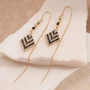 LisiZen Elegant Black and White Full Diamond Rhombus Earrings, Light Luxury High-End Design, Unique Long Face-Slimming Ear Threads, Stylish Versatile Jewelry DZEH3929