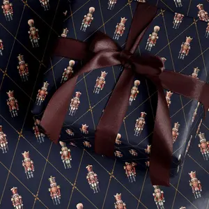 Nutcracker Wrapping Paper. Christmas Gift Wrap. Elegant Navy Blue Gift Wrap Roll. Classic Nutcracker Seasonal Gift Wrap. Vintage Gift Wrap