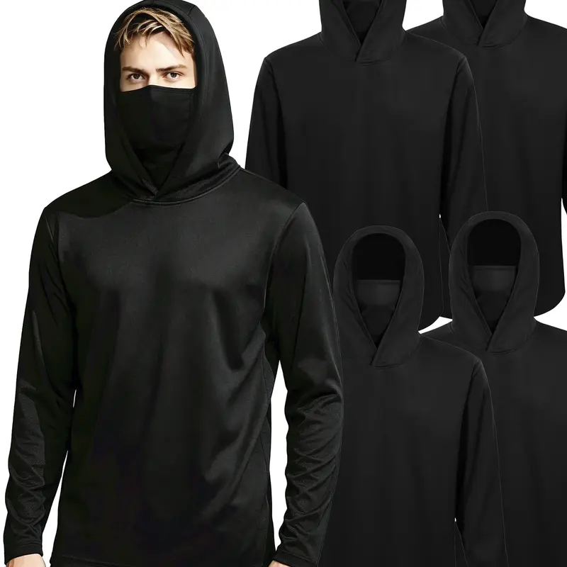 Men’s UPF 50+ sun protection breathable long-sleeve workout T-shirts and lightweight hoodie shirts with mask