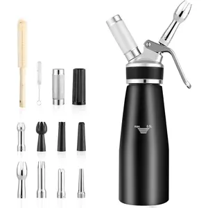Whipped Cream Dispenser 500ml Black Includes 8 Decorating Nozzles 2 Cleaning Brushes 2 Charger Holders Ideal for Desserts Coffee Pastries N2O Chargers Not Included