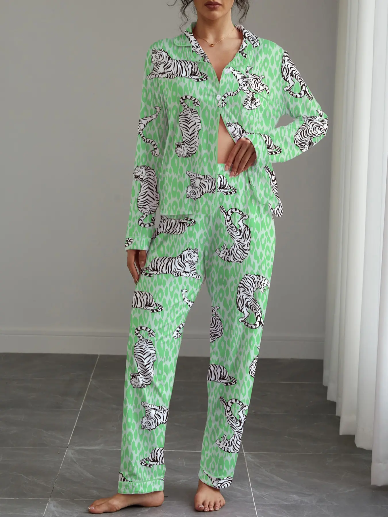 Women's Fall Winter Pajama Set, Tiger Print, Casual Chic Fitted Long Sleeve Top & Elastic Pants, Soft Stretchy Fabric, Home Wear, Loungewear, Nightwear Sleepwear, Pjs, Womenswear, Homewear