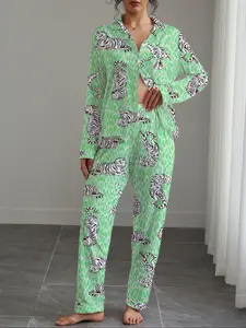 Women's Fall Winter Pajama Set, Tiger Print, Casual Fitted Long Sleeve Top & Elastic Pants, Soft Stretchy Fabric, Home Wear
