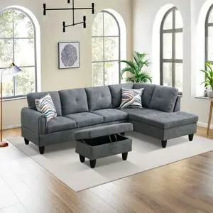 Dark Grey Fluffy Fabric Living Room Sofa Set