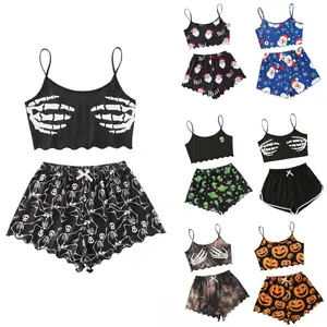 Women's 2-Piece Halloween Holiday Print Lingerie Loungewear, Ruffle Trim Tank Top and Sleeveless Shorts Pajama Set, Holiday Outfit Costume