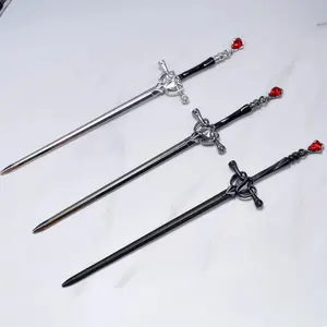 BLING EMPIRE Enchanted Blade Hair Pin - 20cm Sword Silhouette Hair Clip, 3 Metal Finishes (Silver, Gunmetal, Matte Black), Teardrop Gemstone Elegant Accessory for Cosplay, Daily Wear