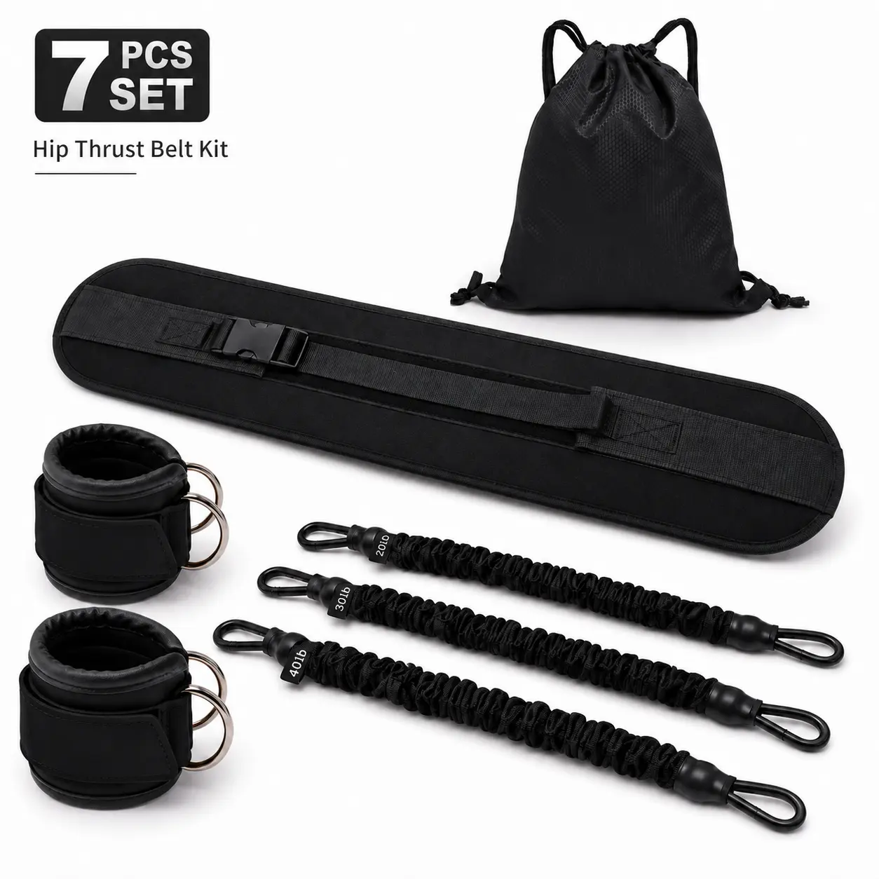 7-Piece Hip Thrust Belt & Ankle Resistance Bands Set, Padded Dumbbell Hip Thrust Strap, 20/30/40LB Glute Kickback Bands with Ankle Cuffs & Carry Bag, Leg & Booty Workout Equipment for Home Gym