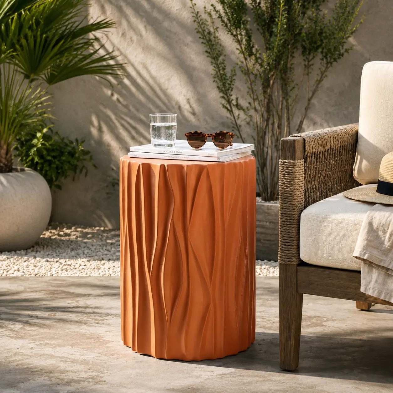 littleox Terracotta Wave Textured MGO Cylindrical Side Table, Pre-Assembled Non-KD Accent End Table, 66 LBS Weight Capacity, Indoor & Outdoor Multi-Use Stool Table for Living Room Patio Balcony