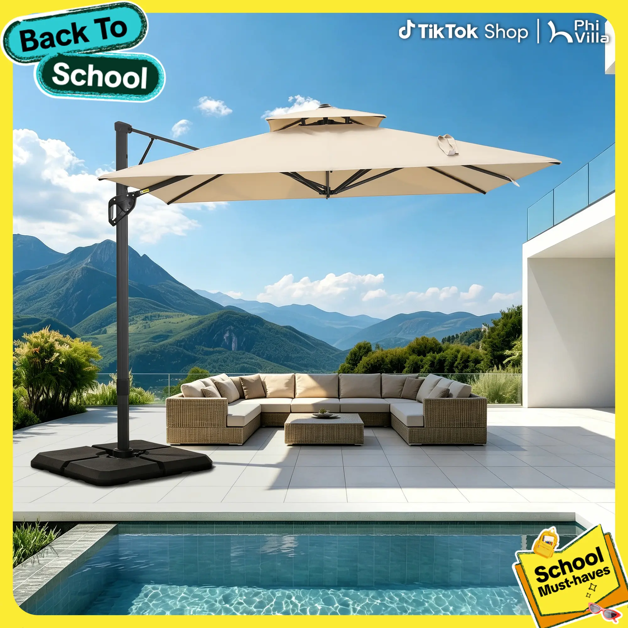 [2-Box] PHIVILLA Home 9*12 FT Cantilever Patio Umbrella with 360° Rotation, Heavy Duty Hydraulic Double Umbrella Windproof for Outdoor Use, Summer's Day