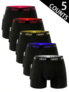 5 pcs Men's comfortable slim fitting flat cornered underwear, Breathable, elastic, quick drying, elastic waistband, Stretchy Boxer Briefs, Suitable for spring sports, Daily casual wear, Right side with pocket's Long boxer underwear