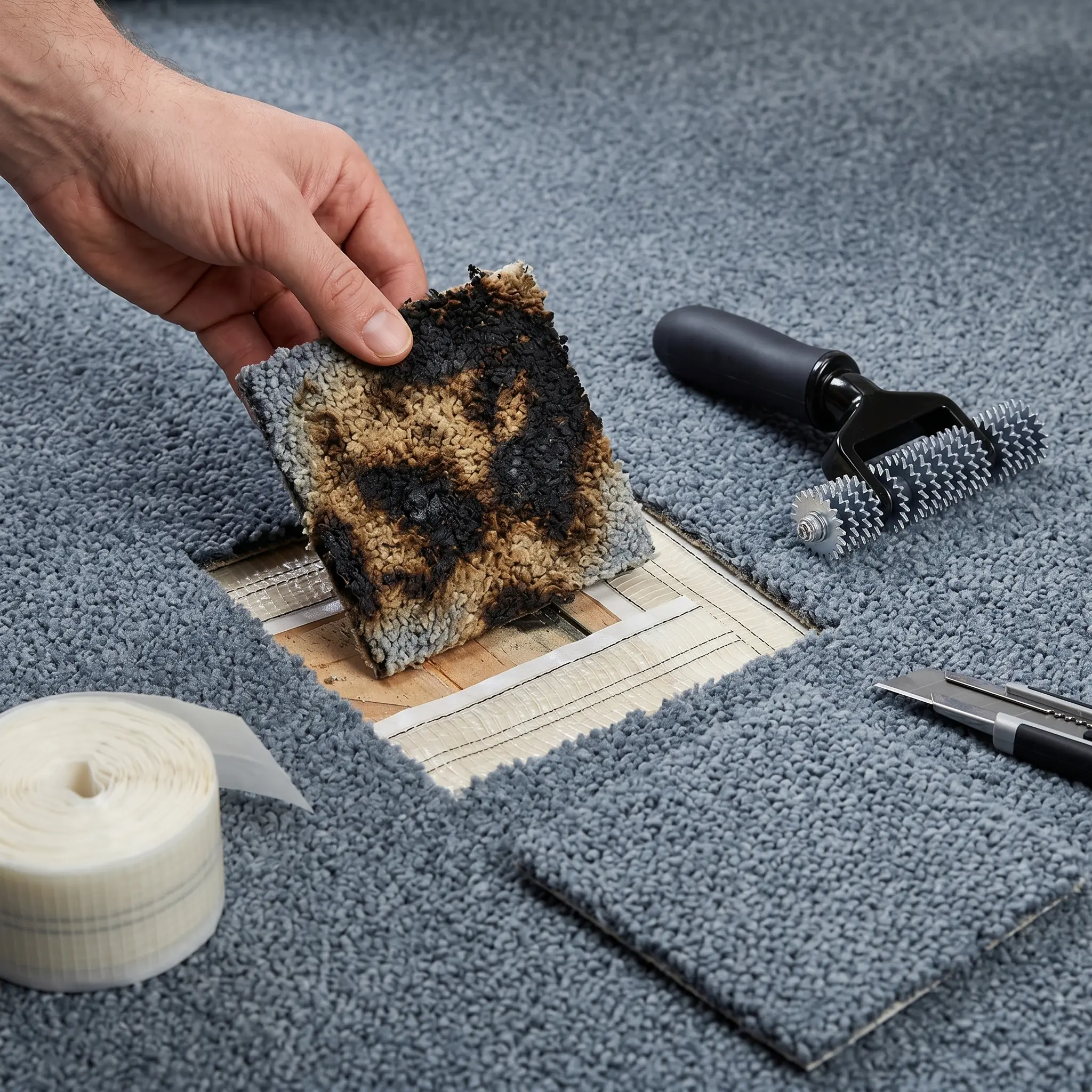 No-Iron Carpet Patch Repair Kit - Seamless Fix with Tape & Roller for Bleach, Pet Damage & Burn Marks