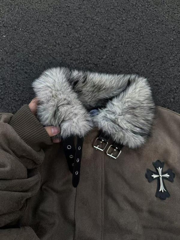 Unisex American Vintage Faux Fur Trim Mountain Carved Cotton Jacket, fleece lining + faux fur trim design + metal button decoration + cross embroidery + side zipper pocket + durable fabric construction, perfect for commuting or everyday street style, prov