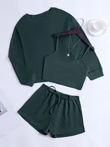 Women's Casual Waffle Knit Set, Summer & Spring Loose Fit, Plain Fitted Top + Long Sleeve Round Neck Shirt + Drawstring Shorts, Fitted Outfit Sets