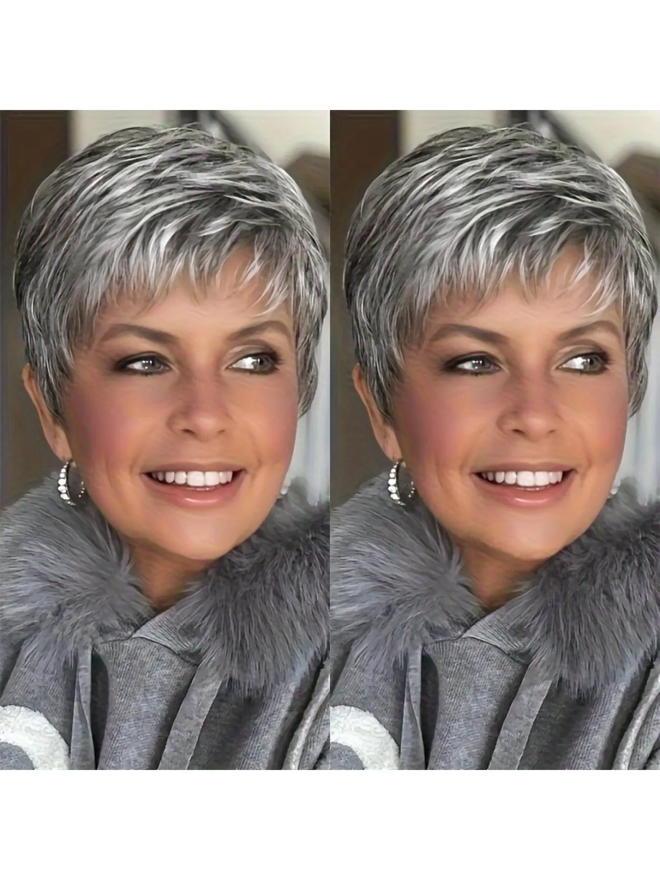 Gray synthetic wig with short straight layered design, suitable for parties and daily wear, Straight synthetic wigs, Premium synthetic wigs, Elegant wigs