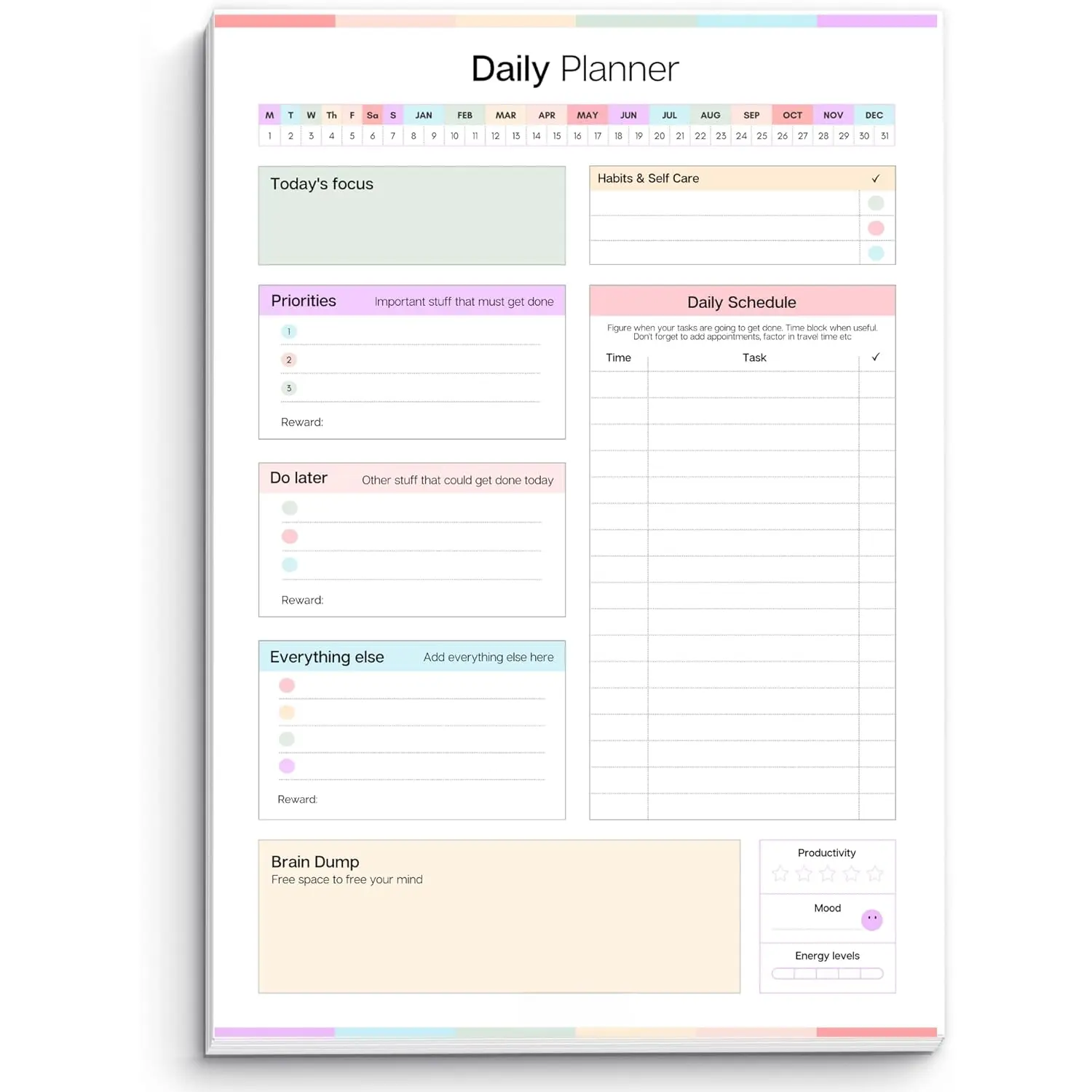 Daily Planner Notepad for Neurodivergent Adults - Productivity Daily Planner Desk Pad & Task Management to Stay Organized and Focused Note Pad - A4 Colorful