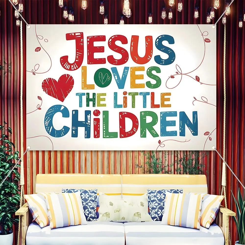 Christian "Jesus Loves The Little Children" Banner, Large Kids Church Backdrop for Sunday School Decor, Religious Classroom Wall Decor, VBS Vacation Bible School Supplies, Colorful Christian Party Decoration for Kids Ministry Events