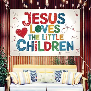 Christian "Jesus Loves The Little Children" Banner, Large Kids Church Backdrop for Sunday School Decor, Religious Classroom Wall Decor, VBS Vacation Bible School Supplies, Colorful Christian Party Decoration for Kids Ministry Events