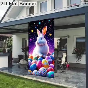 2D flat banner, 1pcWhimsical White Rabbit Easter Eggs Decor, Cartoon Easter Backdrop with Colorful Eggs & Starry Night Sky, Festive Easter Party Decorationsgalentines party decor, valentine day decor, decorations for valentines day